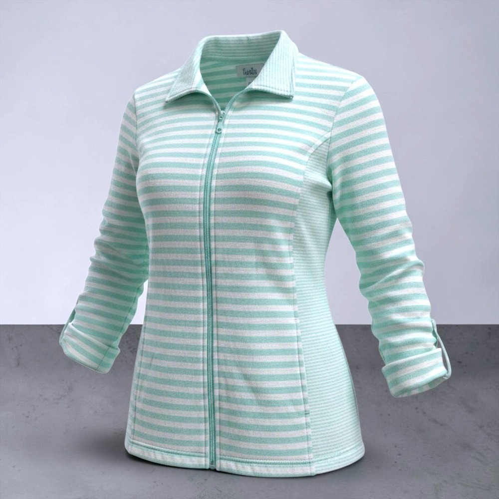 Croft & Barrow Womens Mint Green White Striped Full Zip Roll Tab Jacket Large